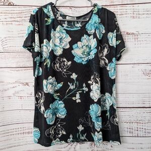 Love, Margaux Dark Gray Turquoise White Floral Short Sleeve Semi-Sheer Blouse XL